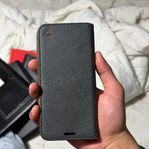 Wallet Flip Phone Case – Card Holder – Grey Fabric – Magnetic Closure